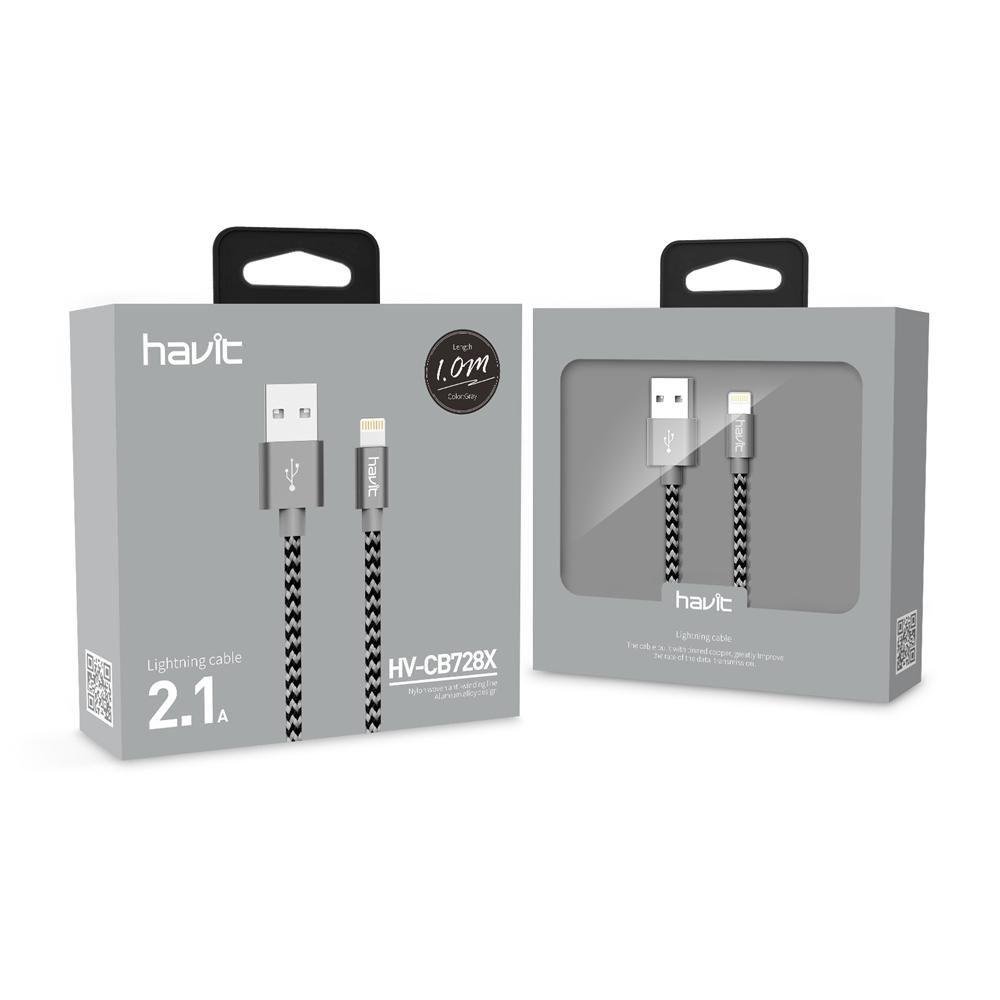 Cable Havit HV-CB728X Lightning 2.1A Tejido Nylon Gris - Imagen 2